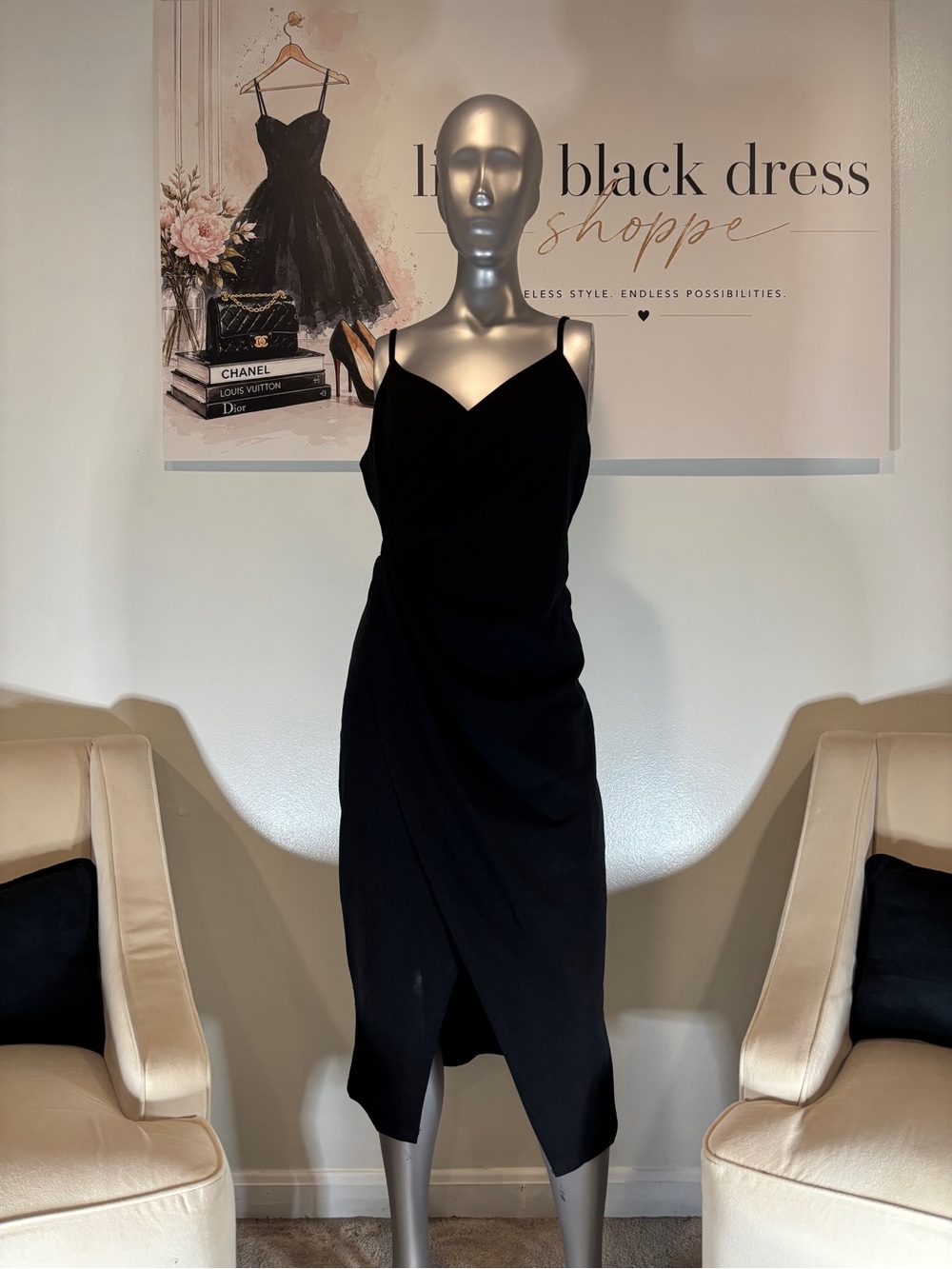 Missufe Black Spaghetti-Strap Midi Dress - Elegant Draped Silhouette